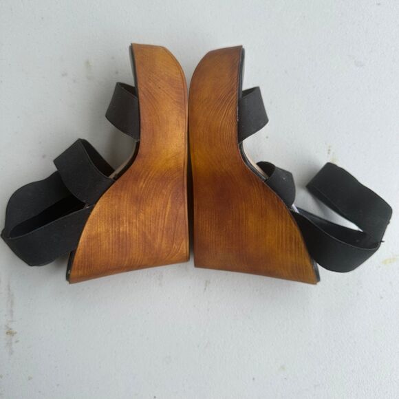 Steve Madden Black Blondy Wood Block Platform Wedge Elastic Stretch Sandals 7 - Picture 6 of 7